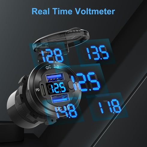 12V USB Outlet Boat Accessories Marine Switch Panel Plug, PD3.0 and Dual QC3.0 USB Ports Aluminum Car Charger with Voltmeter, Lighted 150W Cigaret...