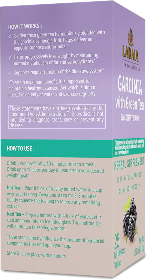 Lakma Garcinia Cambogia Green Tea with Blackberry - 25 Tea Bags...