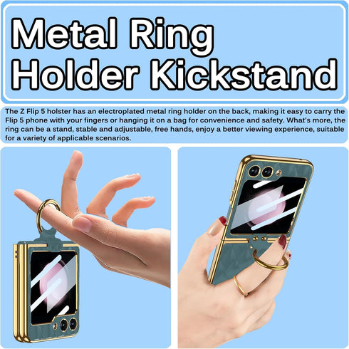 Miimall Leather Case with Metal Ring Holder Stand Compatible with Galaxy Z Flip 5, Built-in Screen Protector, Leather Cover with Electroplating Fr...