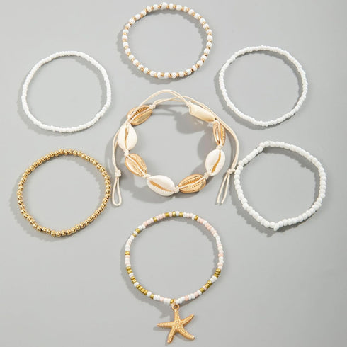 Pingyongchang Layered Shell Beaded Bracelets for Women Boho Seashell Beaded Gold Starfish Woven Bracelet Summer Beach Wind Starfish Rice Beads Bra...