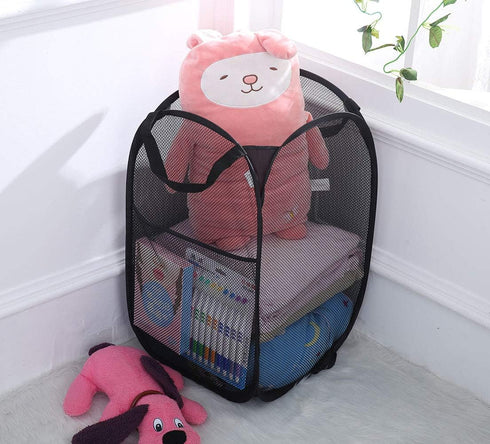 2 Packs Mesh Pop up Laundry Hamper (Black) with Portable Handles, Collapsible for Storage, Foldable Pop-Up Laundry Bags for Kids Room, College Dor...