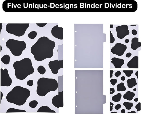 Cute Decorative Mini 3 Ring Binder for 5.5" x 8.5" Paper with 5-Tab Dividers, and File Folder Labels. 1 Inch Cow Print Mini Binder for Cute School...