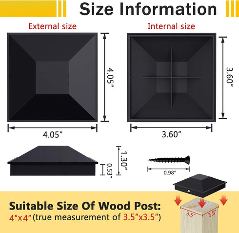 4x4 Post Caps Black(Actual 3.5" x 3.5"), 8 Pack Fence Post Caps with 16 Screws and Easy Installation, Sturdy Waterproof Plastic Deck Post Caps wit...