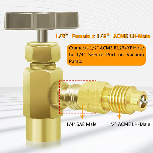 Boltigen R1234YF Refrigerant Tank Adapters, R12 to R1234YF Adapter Connector, 1/2 LH to 1/4 Flare R1234YF Vacuum Pump Adapter Fittings with Valve ...