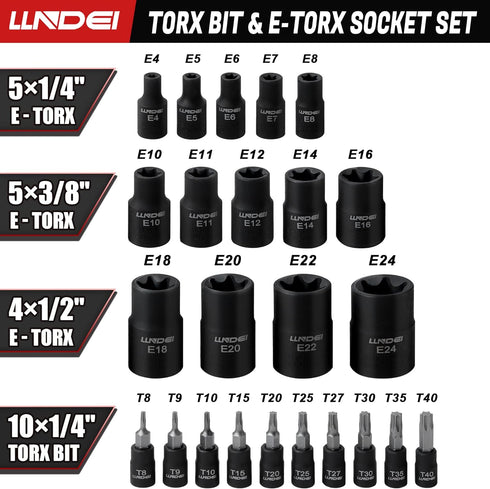 Torx Bit Socket and Female External Socket Set 24PCS, LLNDEI 10 Star Socket Bits (T8-T40)& 14 Female E-Torx Sockets (E4-E24) 1/4" 3/8" 1/2", CR-V,...