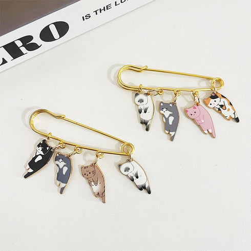 Lovely Cat Charms Gold-Tone Safety Pins - Calico, Ginger, Siamese Cat Dangle Accessory Brooch Pin for Cat Lover Gift...