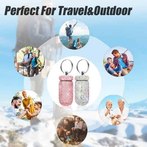 2 Pack Portable Pill Case Bling Rhinestone Pill Container Box Waterproof Medication Holder Organizer Bottle with Keychain for Outdoor Camping Trav...