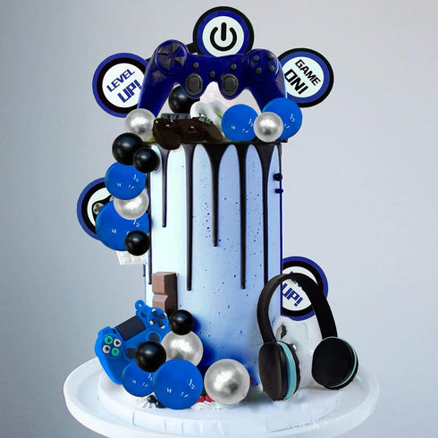 30 PCS Video Game Themes Cake Toppers Headset Ball Game Controller Cake Decoration for Game Theme Birthday Party Cake Decoration (Blue)...