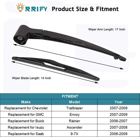 Rear Windshield Wiper Arm Blade Set 15232653 for Chevy Trailblazer 2007-2009, for GMC Envoy 2007-2009, for Buick Rainier 2006-2007, for Saab 9-7x ...