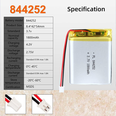 3.7V 1800mAh 844252 Lipo battery Rechargeable Lithium Polymer ion Battery Pack with JST Connector...