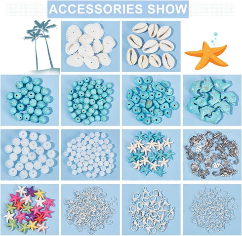 PH PandaHall 406pcs Ocean Jewelry Making Kit Starfish Seashell Beads Synthetic Turquoise Beads Tortoise Fish Beads Cowrie Shell Beads for Summer B...
