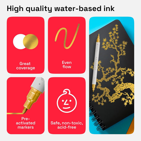 ARTISTRO 2 Gold Acrylic Paint Pens, Acrylic Paint Markers Dual Tip (Brush + Fine 1 mm), Acrylic Markers for Fabric, Canvas, Rock, Glass, Wood, Pap...