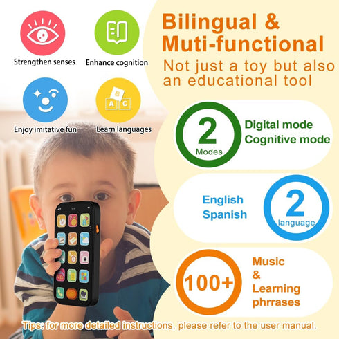 Bilingual Toy Phone Baby Phone with Sounds and Light, English/Spanish, Fun Early Learning Kids Smart Phone Baby Toys for 6-12 Months, Gift for 1 Y...