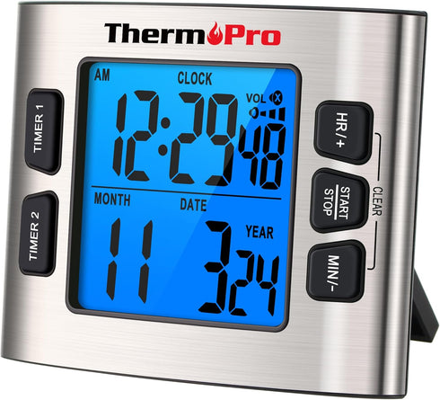 ThermoPro TM02 24 Hours Digital Timer with Dual Kitchen Timers for Cooking, Stop Watches Magnetic Timer Clock with Adjustable Alarm Volume & LCD B...