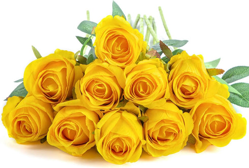 Flojery 10pcs Artificial Rose Flowers Long Stem Fake Silk Roses for DIY Wedding Bouquet Table Centerpiece Home Decor (Yellow)...