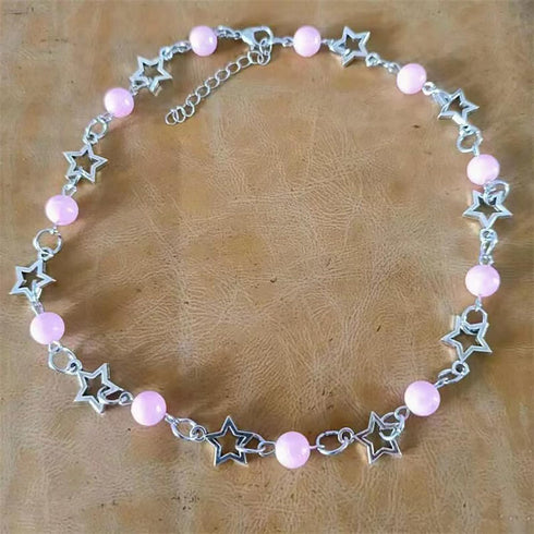 Pearl Necklace for Women Silver Star Choker Necklace Dainty Hollow Star Necklace Handmade Adjustable White Pearl Necklace Y2K Jewelry Gifts for Wo...