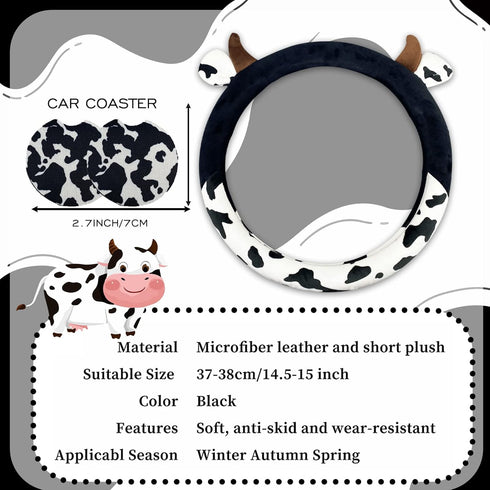 Cow Steering Wheel Cover for Women with 2PCS Car Coasters,Universal 14.5—15 Inch Anti Slip and Sweat Absorption Comfortable Auto Steering Wheel Co...