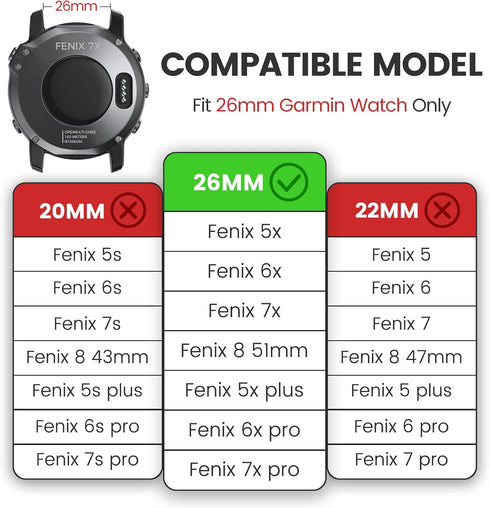Compatible with Garmin Fenix 7X/Fenix 6X/Fenix 5X/Fenix 8 51mm/5X Plus/6X Pro/7X pro, Nylon Quickfit 26 Watch Band for Tactix 7/Descent MK1/Mk2/Mk...