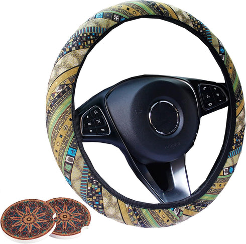 3 Pack Boho Steering Wheel Cover with Car Cup Holder Coasters Universal Baja Hippie Bohemian Style Steering Wheel Covers Cute Car Steering Wheel C...