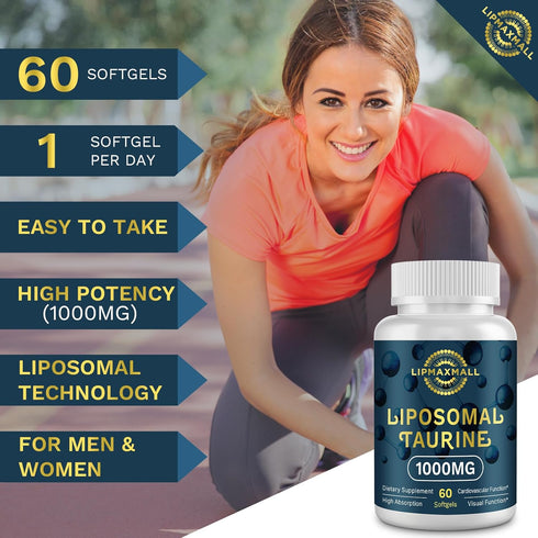 Liposomal Taurine Supplement 1000mg, High Absorption Amino Acid for Heart, Nerve, Brain, Visual, Longevity & Muscle (60 Softgels - 1 Pack)...