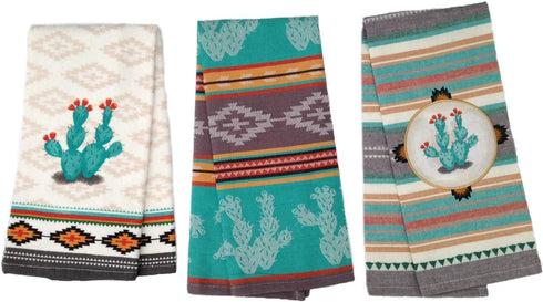 Simply Southwest Cactus Kitchen Towels - Set of 3 Colorful Terry Towels - Woven Jacquard Pattern - Ornamented Cactus Design...