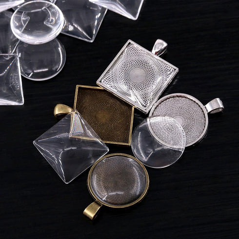 Glarks 48-Pieces Round and Square Pendant Trays with Glass Cabochon Dome Tiles Clear Cameo for Crafting DIY Jewelry Making, 24 Sets...