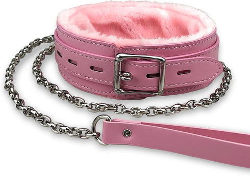 Gothic Leather Choker Collar, PU leather Fur Lined Collars Necklace with Long and Durable Detachable Leash Chain Pet Collars, Pink...