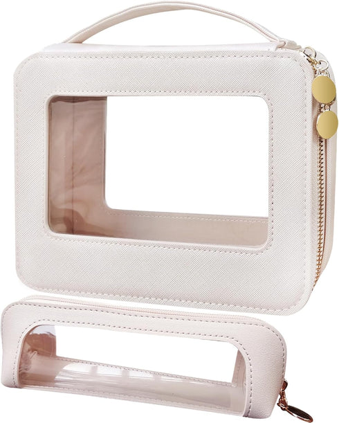 Clear Makeup Bag with Makeup Brush Bag,Double Sided Clear Toiletry Bag for Women,Portable Travel Cosmetic Bag,Makeup Case with Zipper,Leather Make...