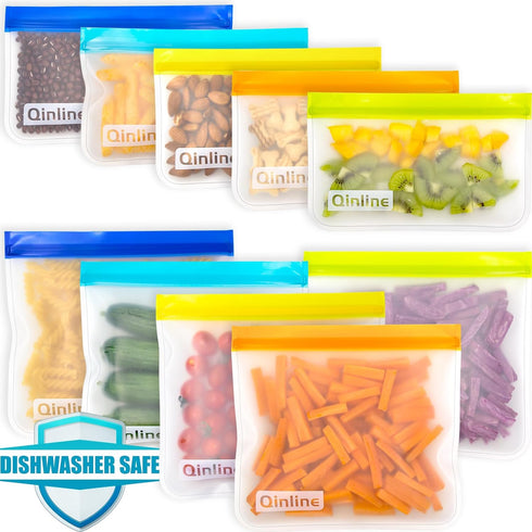 Reusable Food Storage Bags - 10 Pack Dishwasher Safe Freezer Bags, BPA Free Silicone, Leakproof for Marinate Salad Fruit Travel - 5 Sandwich 5 Sna...