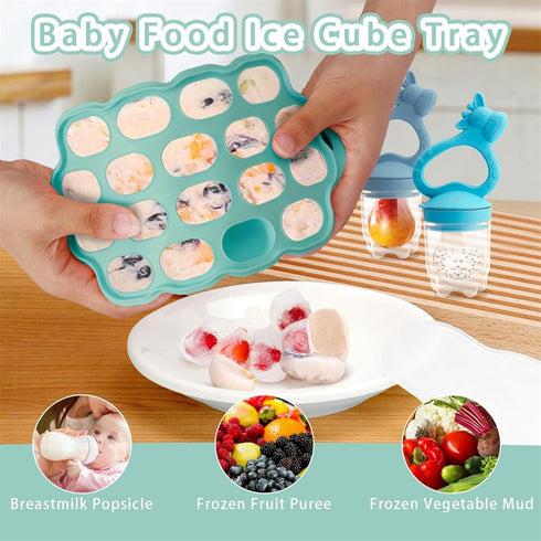 Baby Fruit Food Feeder Breastmilk Popsicle Molds for Teething Relief, Introduce New Foods, Silicone Freezer Tray with Lid, includes 6 Food Pacifie...