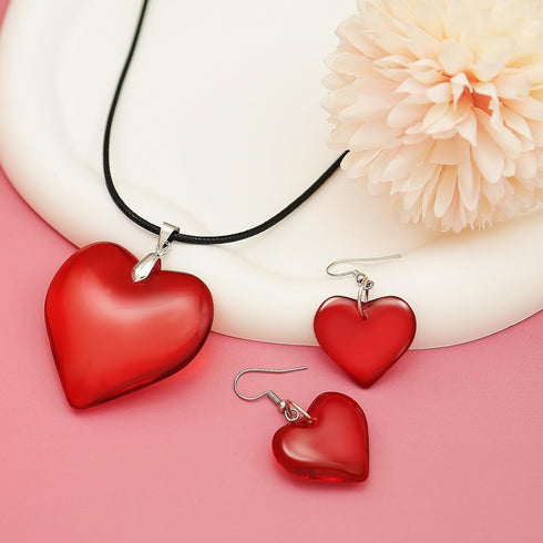 RechicGu Big Chunky Puffy Heart Pendant Choker Necklace Earrings Jewelry Set, Black String Chain,Stainless Steel Hook,Y2K Grunge Gothic Necklace,E...