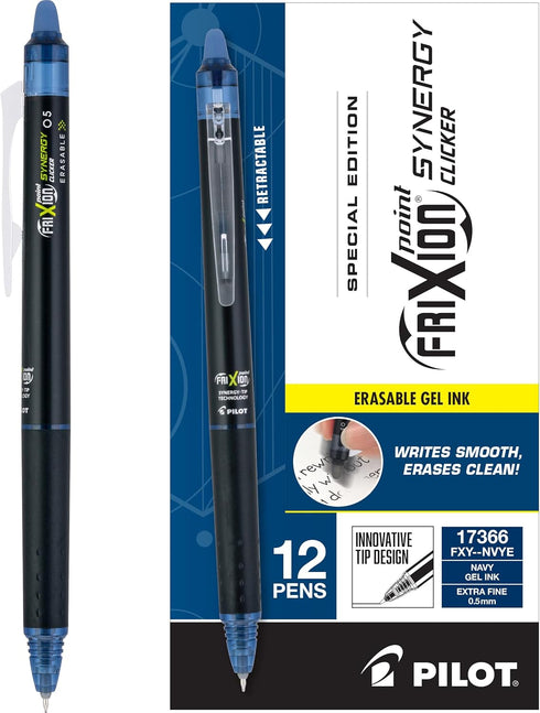 PILOT, FriXion Synergy Clicker Erasable, Refillable, Retractable Gel Ink Pens, Extra Fine Point 0.5 mm, Pack of 12, Navy Ink...
