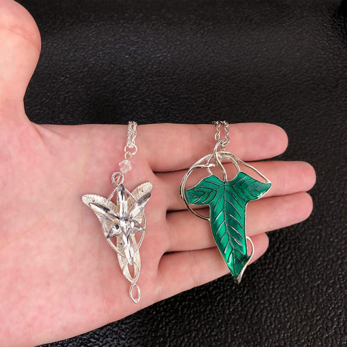 3pcs Lord of The Ring Hobbit Necklace Gold Tone The Ring Pendant Necklace Vintage Green Leaf Elven Pin Brooch Pendant Chain Necklace...