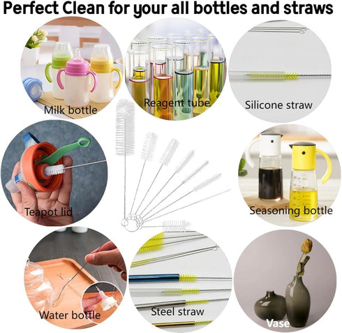 Eitonbu10 Pcs Cleaning Brush Suit,Long Deep Nylon Bottle Brush with Bendable Stainless Steel Flexible Handles for Bottles, Straws, Pipes, Wine Dec...
