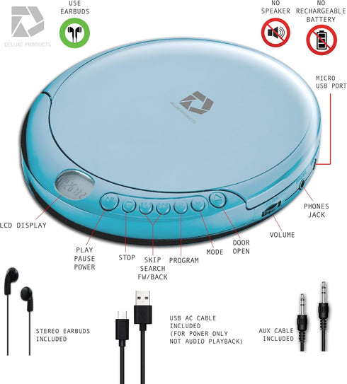 Deluxe Products CD Player Portable with 60 Second Anti Skip, Stereo Earbuds, Includes Aux in Cable and AC USB Power Cable for use at Home or in Ca...
