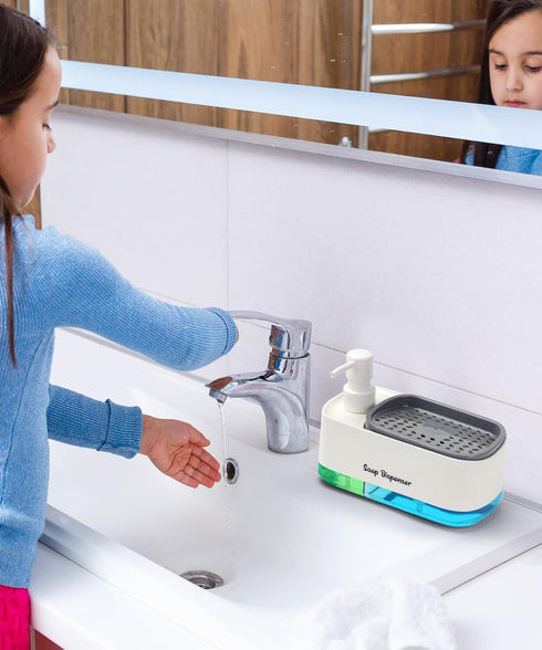 Hand and Dish Soap Dispenser Set for Kitchen, Dual Soap Dispenser with Sponge Holder, 3-in-1 Countertop Soap Pump Dispenser for Kitchen Sink, Usef...