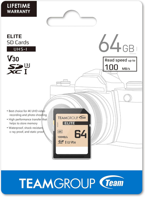 TEAMGROUP Elite 64GB UHS-I U3 V30 UHD Read Speed up to 100MB/s SDXC High Speed 4K Memory Card Compatible with Canon Sony Nikon Panasonic FUJIFILM ...