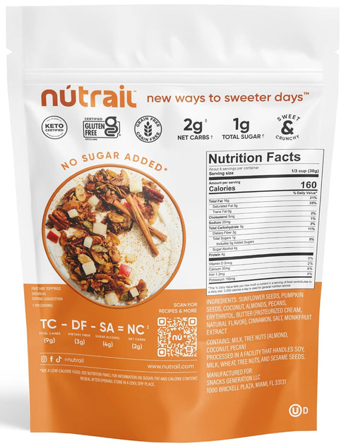 NuTrail Nut Granola Cereal, Cinnamon Pecan, No Sugar Added, Gluten Free, Grain Free, Keto, Low Carb, Healthy Breakfast 8 oz. 1 Count...