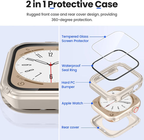 Goton 2 in 1 Waterproof Rugged Case for Apple Watch Screen Protector 44mm Series 6 5 4 SE, 360 Protective Glass Face Cover Hard PC Bumper + Back F...
