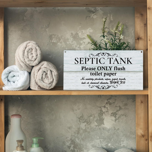 10 Inch by 5 Inch Decor Bathroom Door Hanging Wooden Signs, Rustic Bathroom Septic Tank Only Flush Toilet Paper Sign, Restroom Decor Wall Art Sign...