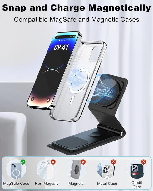 Foldable Magnetic Wireless Charger, Leather 3-in-1 Charging Station for Multiple Devices Apple, Fast Travel Mag-Safe Charger Stand for iPhone 15 1...