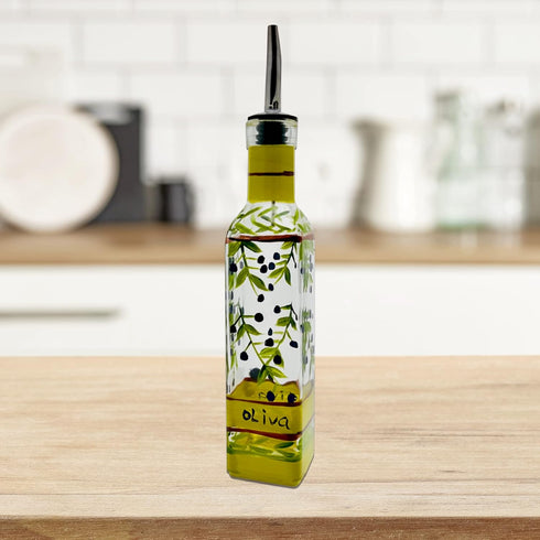Hand Painted Glass Oliva Branch Oil/Vinegar Glass Cruet for Kitchen, 8 oz Olive Oil Dispenser With Stainless Steel Spout for Easy Pouring...