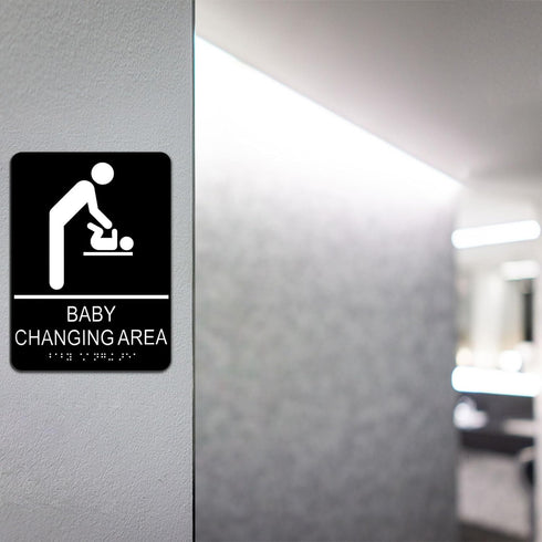 Baby Changing Area Sign for Business, ADA Compliant Braille Restroom Sign, 8.27 x 5.9 inch Diaper Changing Station Sign with Adhesive Back, Black ...