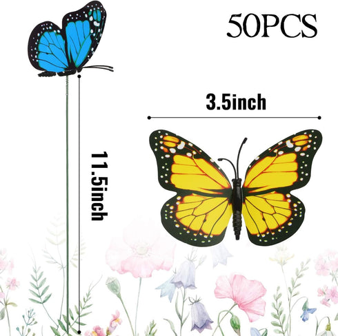 VGOODALL 50pcs Butterfly Garden Decorations, 11.5 inch Plastic Butterfly Stakes Ornaments Artificial Butterflies for Flower Bouquet Arrangements C...