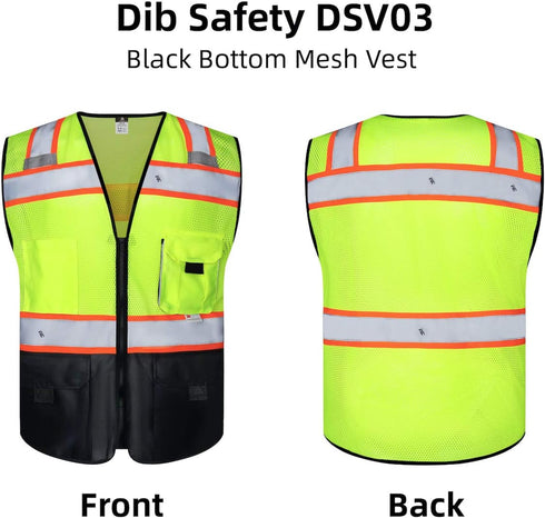 Vest Reflective with Pockets and Zipper, High Visibility Mesh ANSI Class 2, Made with 3M Reflective Tape, Yellow and Black Large...