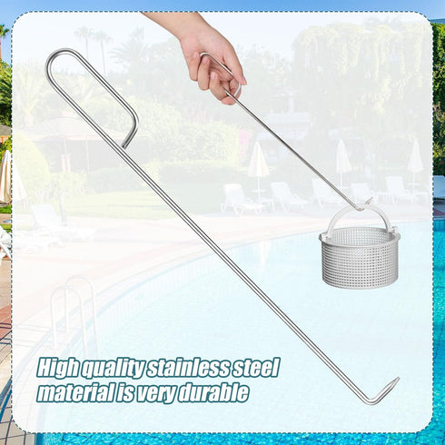 2pcs Swim Skimmer Basket Hook, 14.4in Pool Skimmer Arm Stainless Steel Extension Handle Skimmer Lid Lifting Hook for Hand Clean Pool Maintenance K...