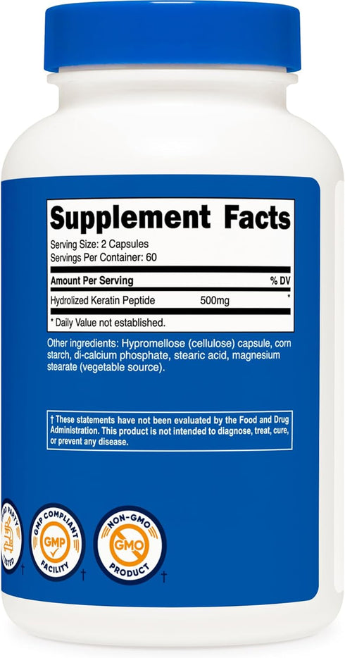 Nutricost Keratin Hydrolized Peptide Capsules - 500MG, 120 Capsules (60 Servings) - Non-GMO, Gluten-Free Formula...