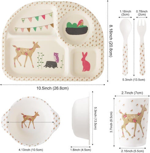 Bamboo Toddler Dinnerware Set,5Pcs Kids Dinnerware Set,Bamboo Kids Plates and Bowls Set,Kids Dishes Dinnerware Sets with Plate,Bowl,Cup,Fork and S...