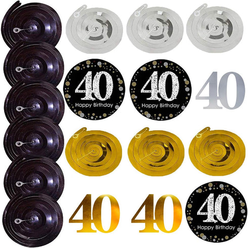 Black & Gold Glittery Happy 40th Birthday Banner,Poms,Sparkling 40 Hanging Swirls Kit for 40th Birthday Party 40th Anniversary Decorations...