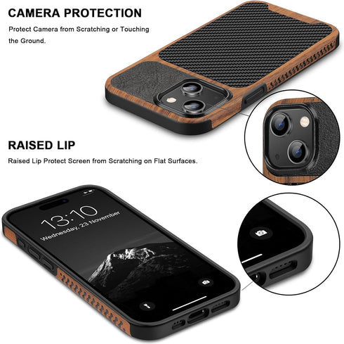 TENDLIN Compatible with iPhone 15 Case Wood Grain with Carbon Fiber Texture Design Leather Hybrid Slim Case (Black)......